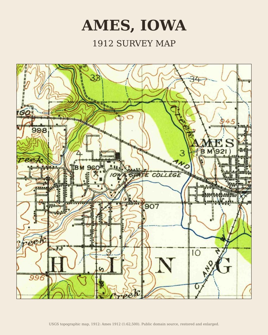 Ames, Iowa on the 1912 USGS topographic map