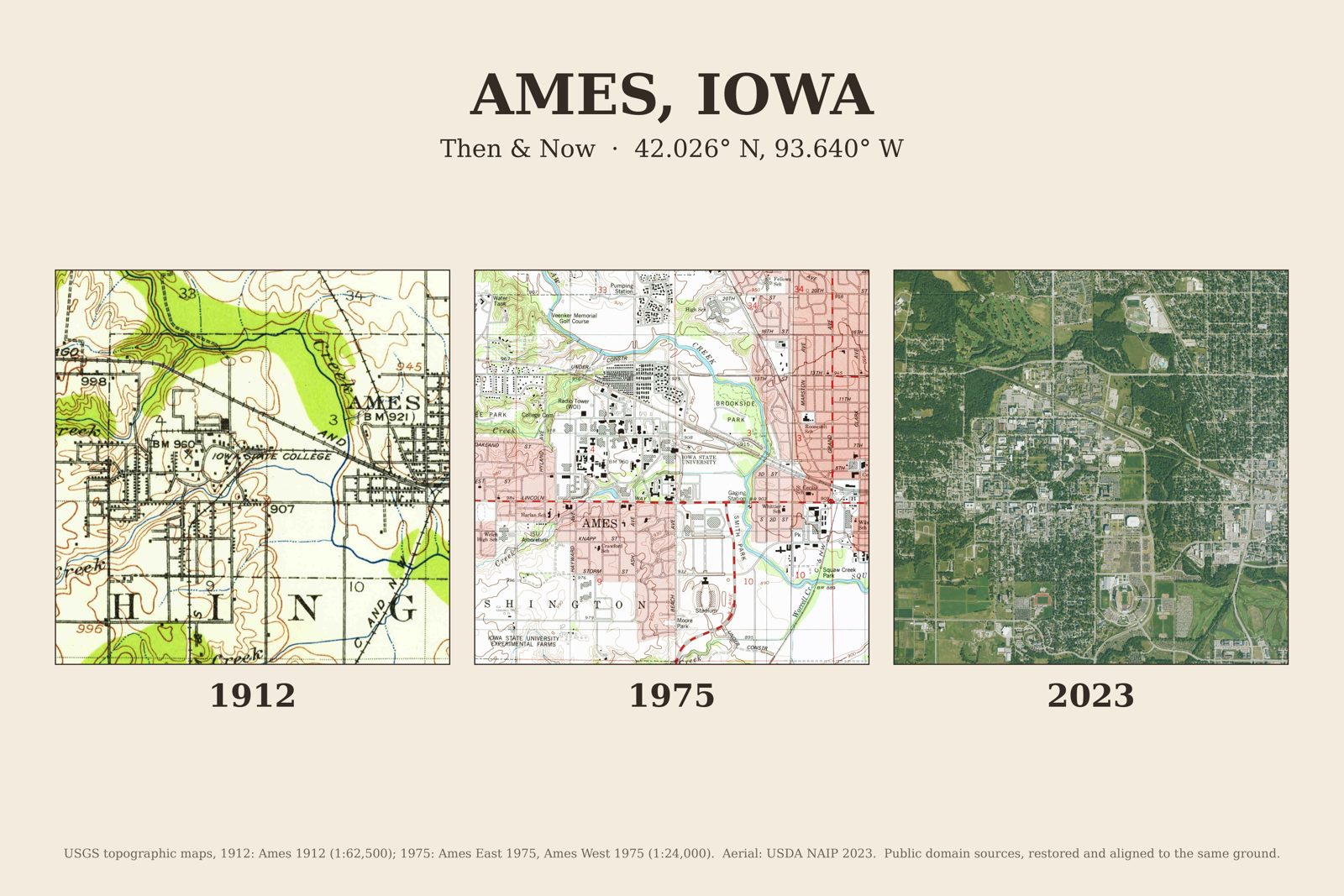 Ames, Iowa: 1912 USGS map, 1975 USGS map and 2023 aerial photo side by side