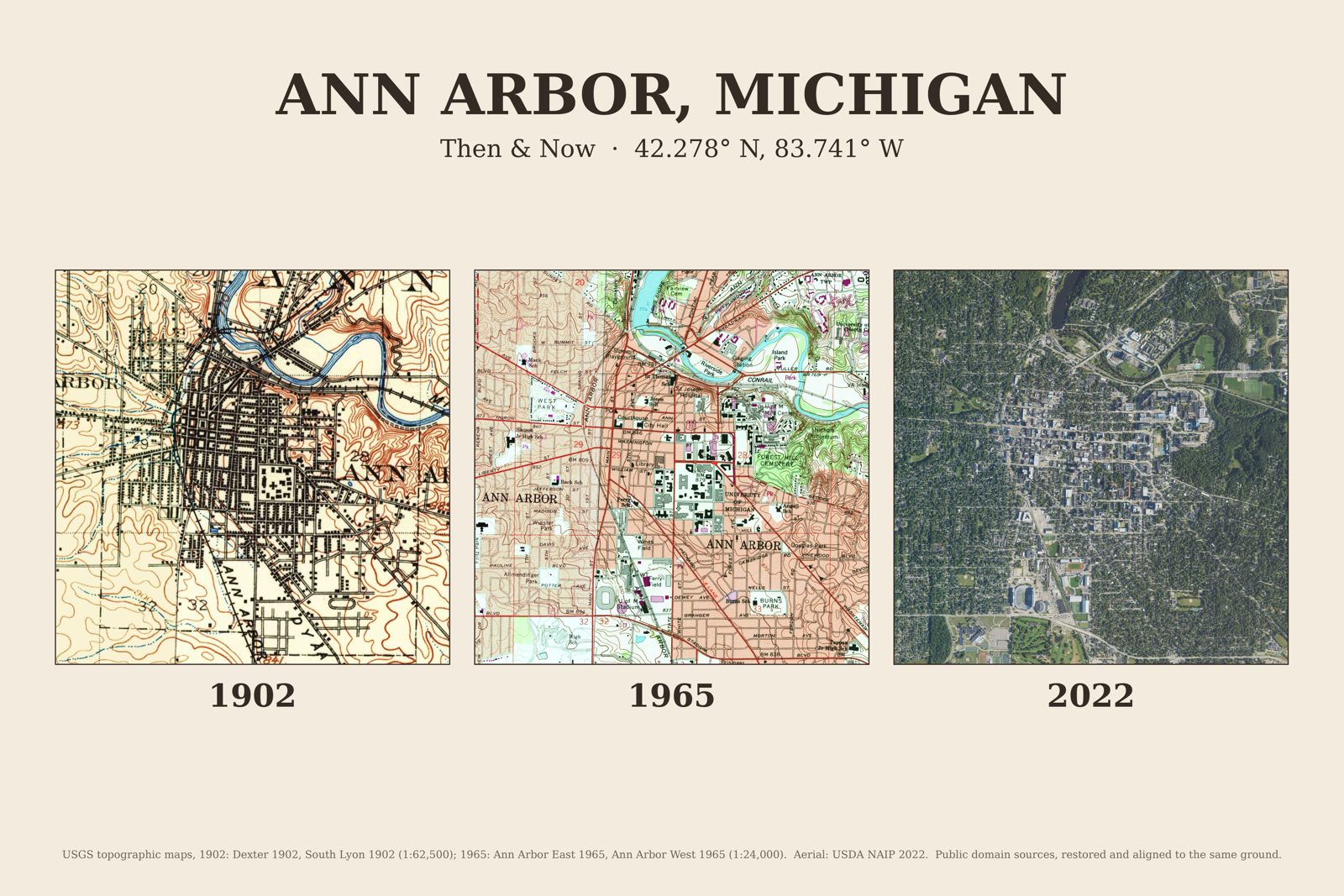Ann Arbor, Michigan: 1902 USGS map, 1965 USGS map and 2022 aerial photo side by side