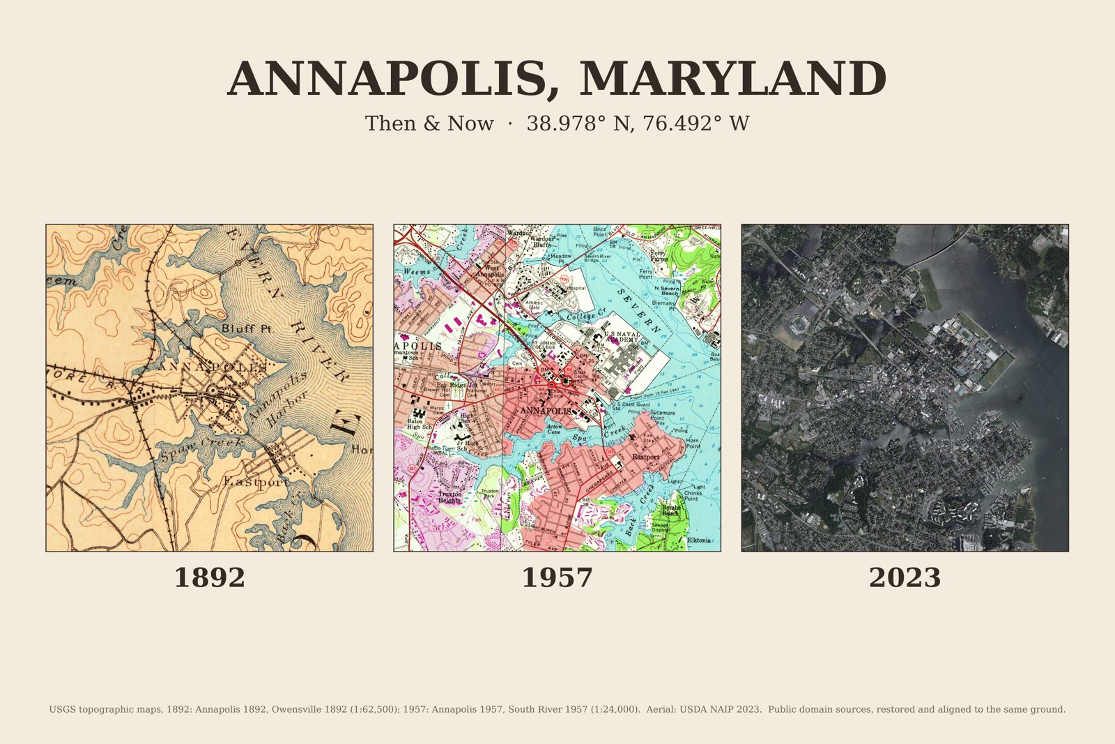 Annapolis, Maryland: 1892 USGS map, 1957 USGS map and 2023 aerial photo side by side