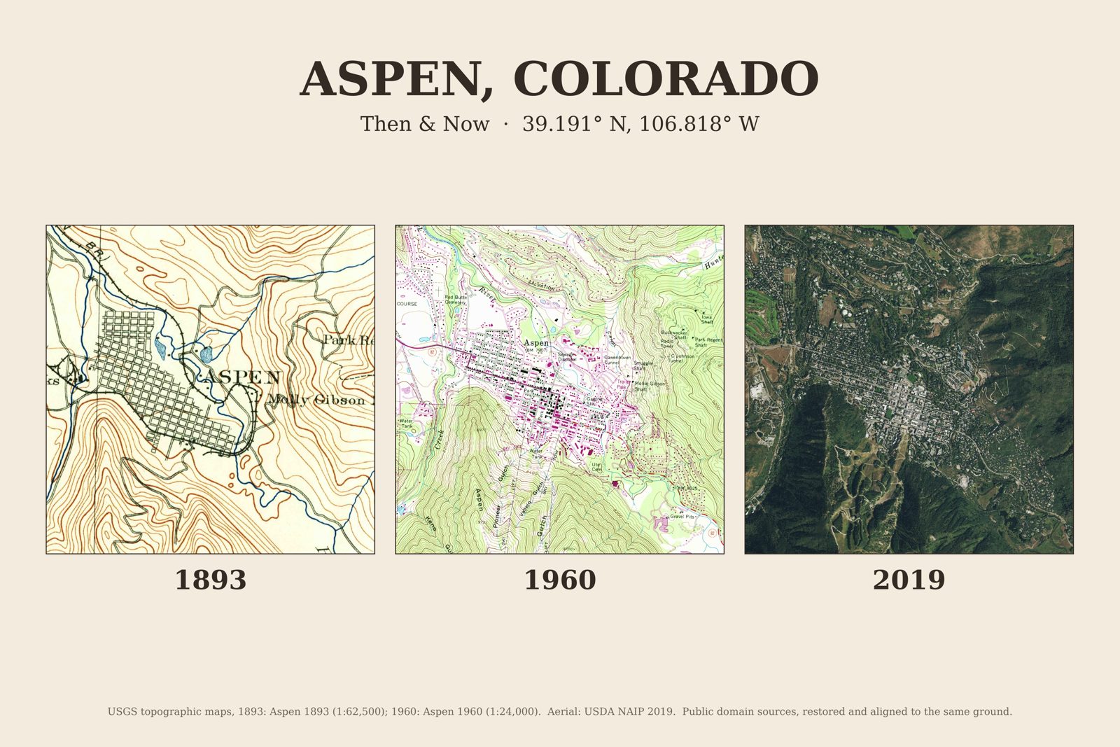 Aspen, Colorado: 1893 USGS map, 1960 USGS map and 2019 aerial photo side by side