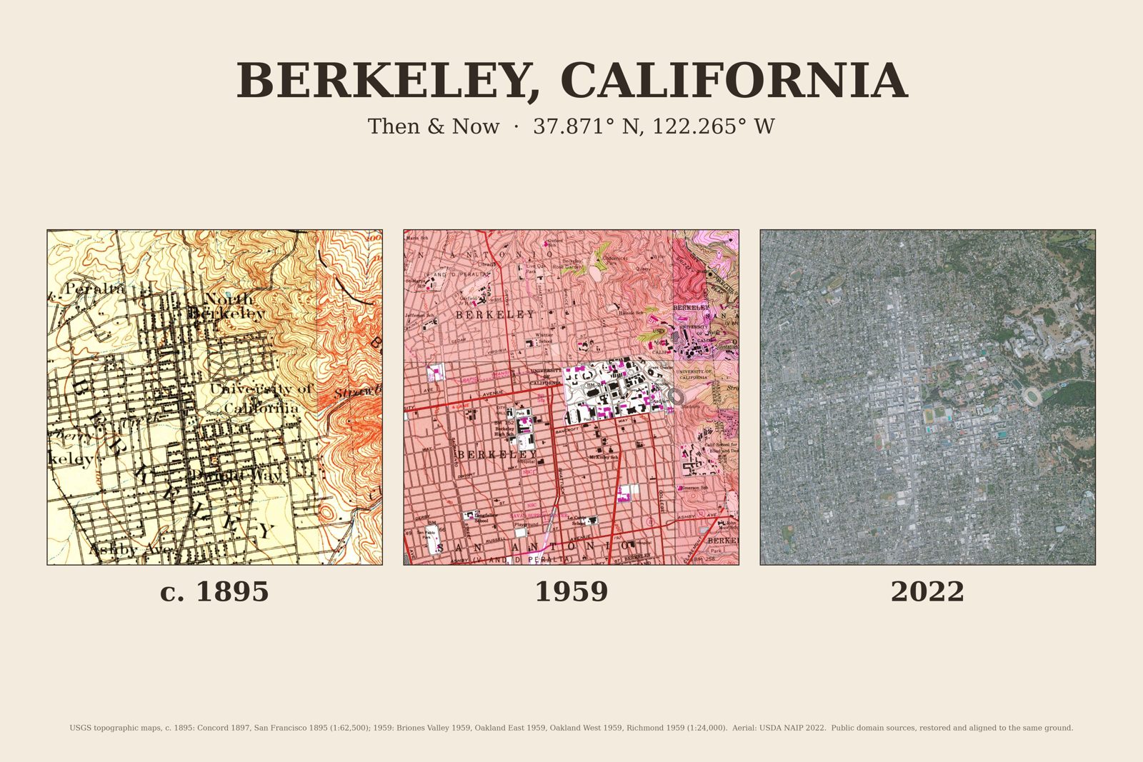 Berkeley, California: c. 1895 USGS map, 1959 USGS map and 2022 aerial photo side by side