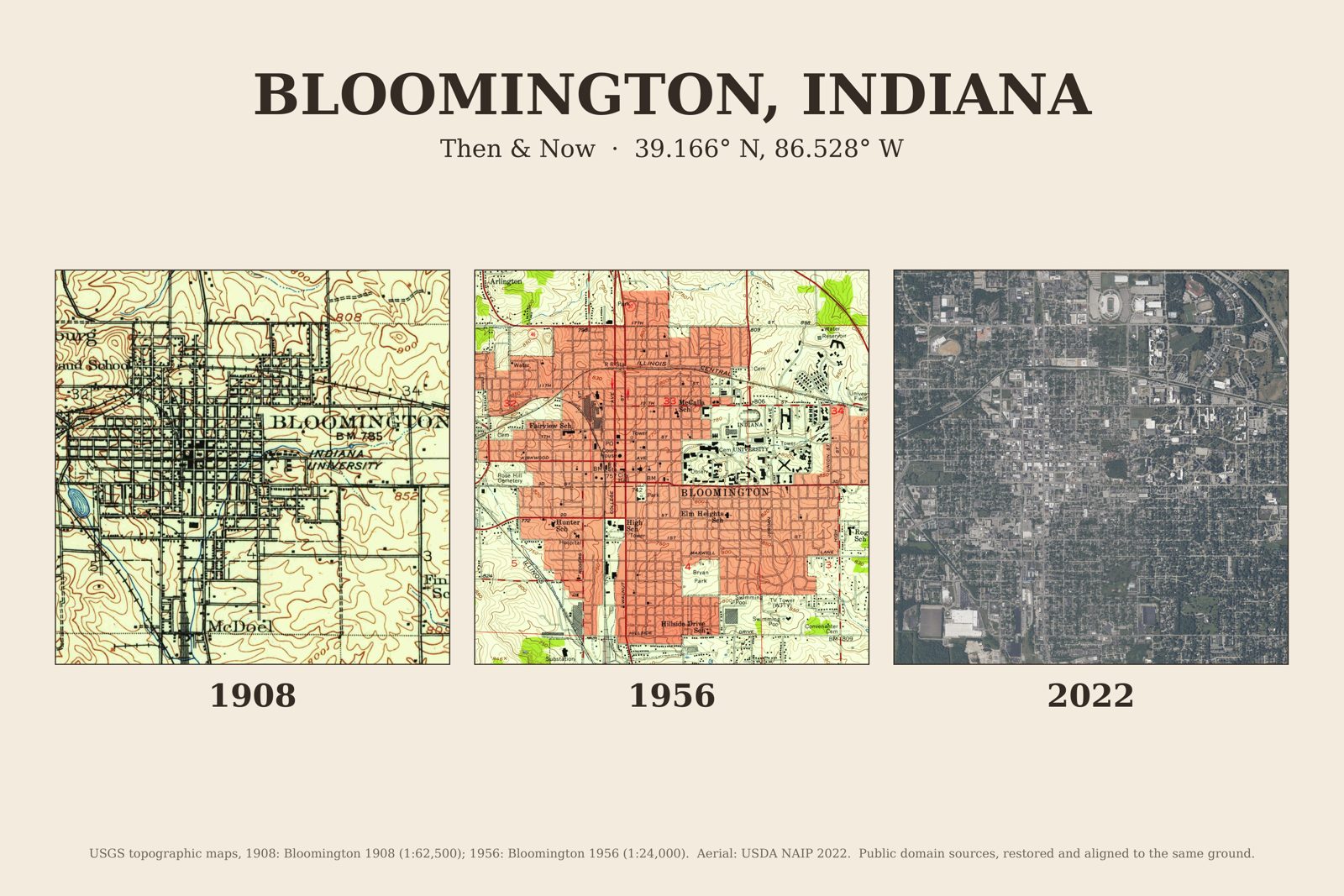 Bloomington, Indiana: 1908 USGS map, 1956 USGS map and 2022 aerial photo side by side