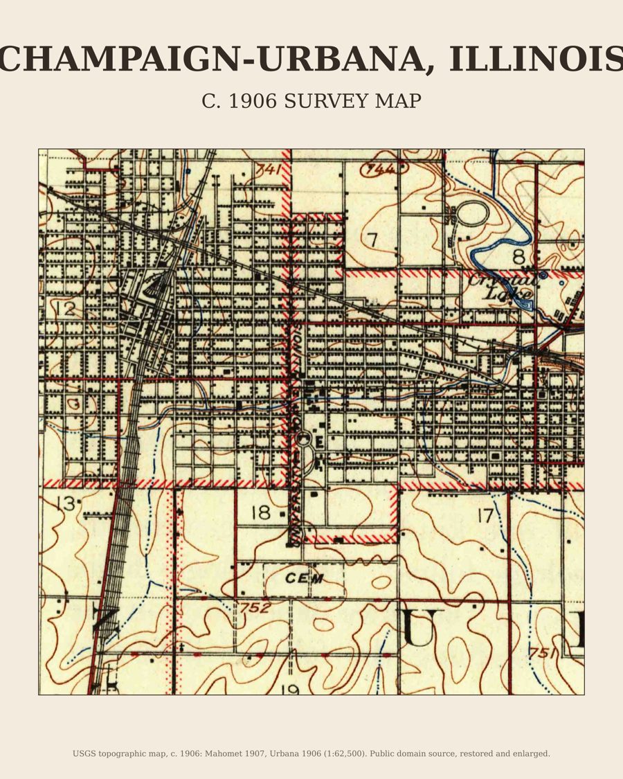 Champaign-Urbana, Illinois on the c. 1906 USGS topographic map