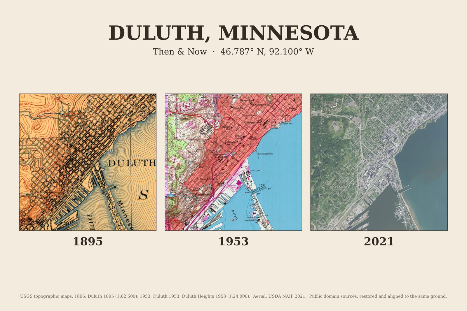 Duluth, Minnesota: 1895 USGS map, 1953 USGS map and 2021 aerial photo side by side