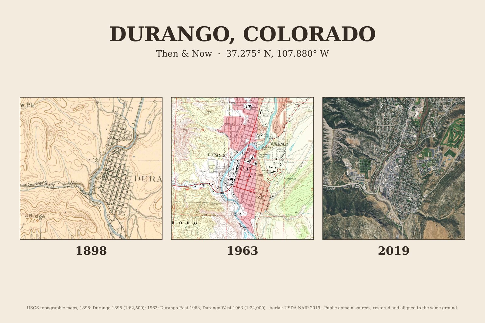 Durango, Colorado: 1898 USGS map, 1963 USGS map and 2019 aerial photo side by side
