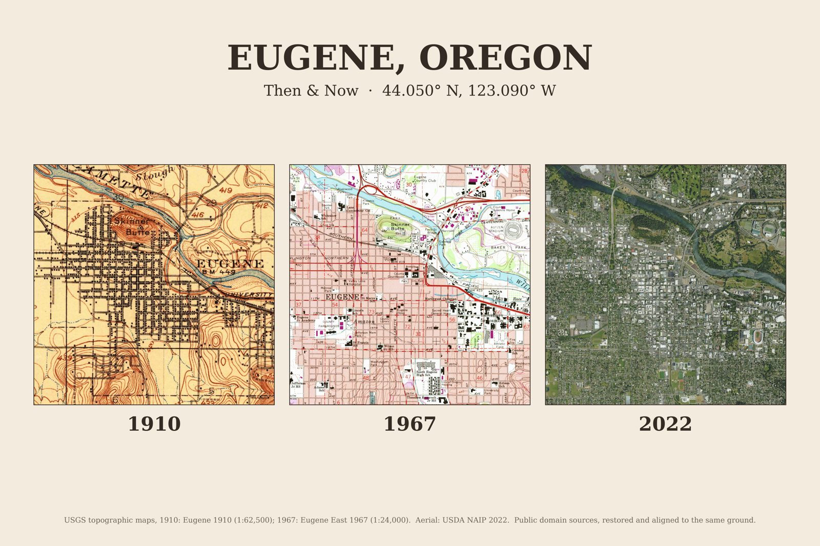 Eugene, Oregon: 1910 USGS map, 1967 USGS map and 2022 aerial photo side by side