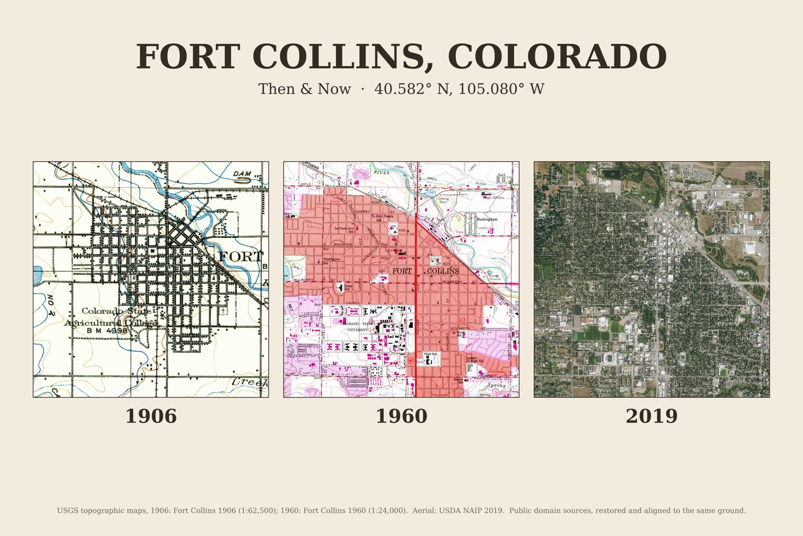 Fort Collins, Colorado: 1906 USGS map, 1960 USGS map and 2019 aerial photo side by side