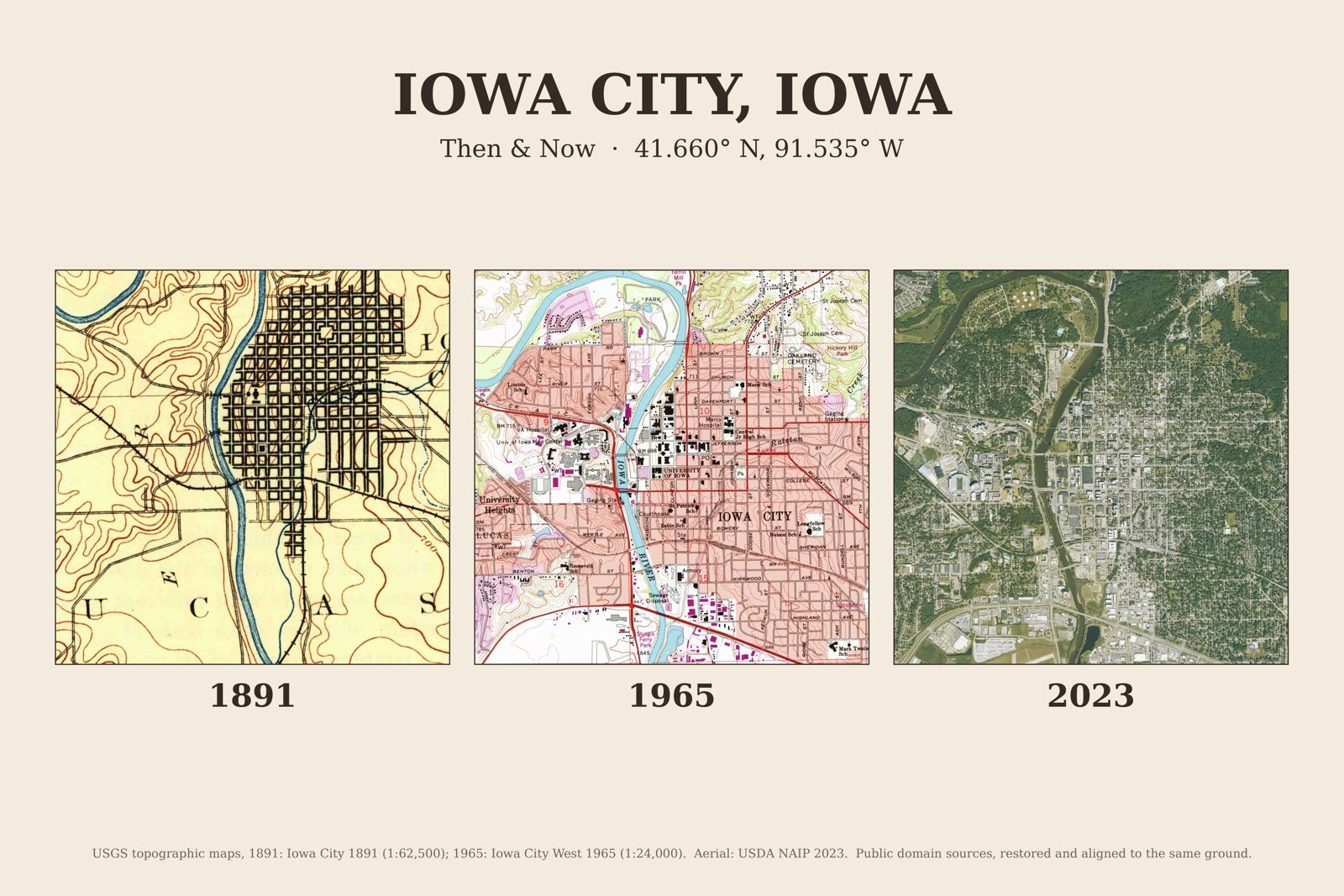 Iowa City, Iowa: 1891 USGS map, 1965 USGS map and 2023 aerial photo side by side