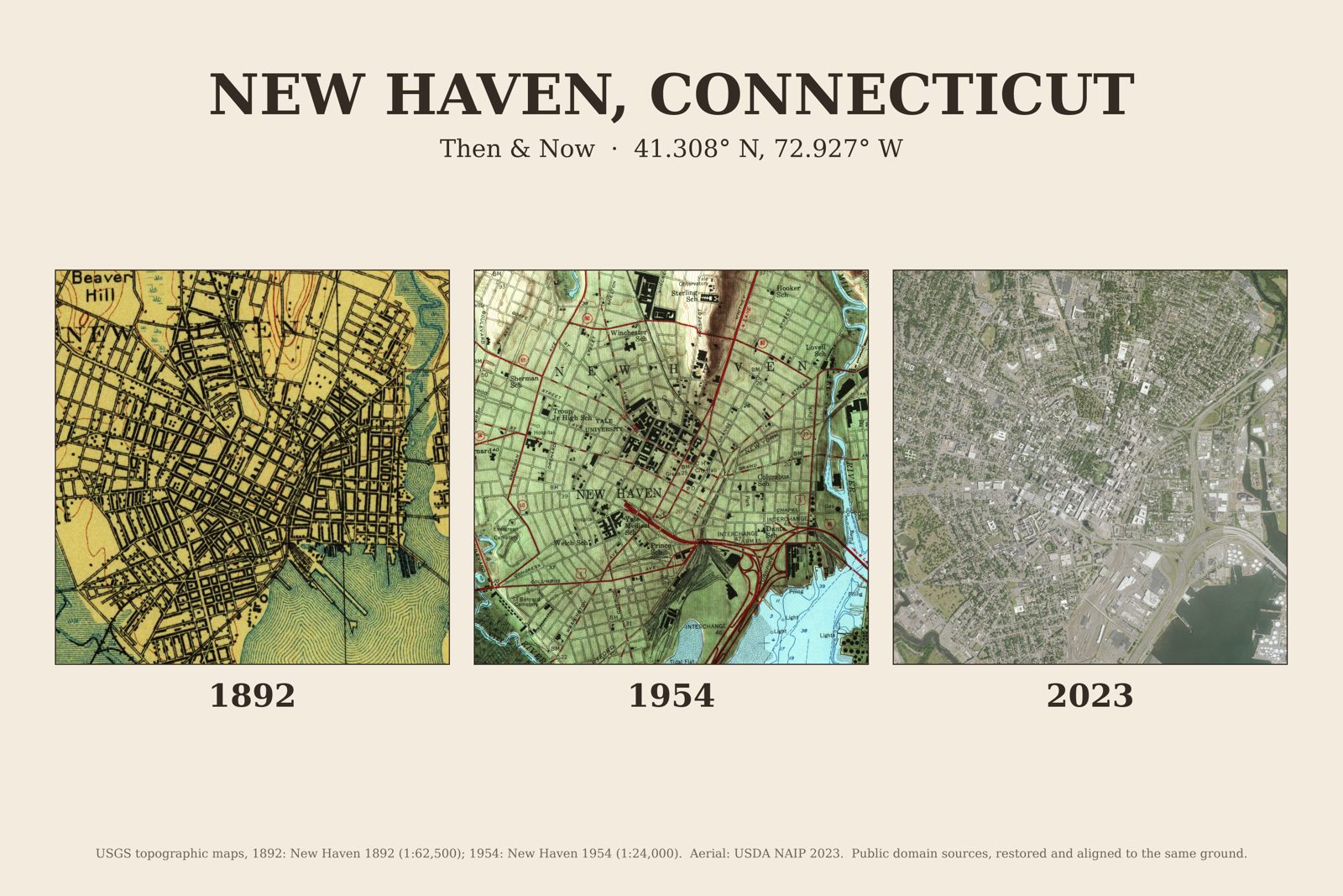 New Haven, Connecticut: 1892 USGS map, 1954 USGS map and 2023 aerial photo side by side