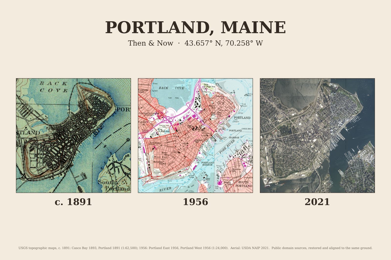 Portland, Maine: c. 1891 USGS map, 1956 USGS map and 2021 aerial photo side by side