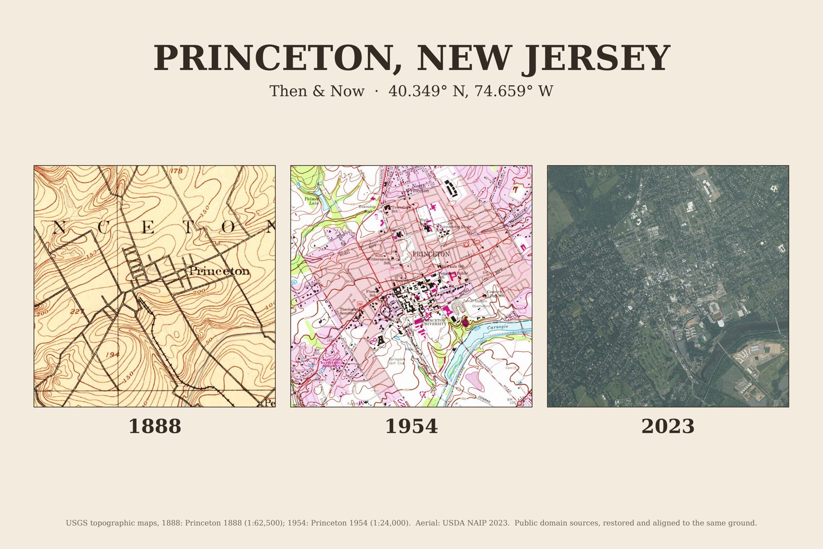 Princeton, New Jersey: 1888 USGS map, 1954 USGS map and 2023 aerial photo side by side