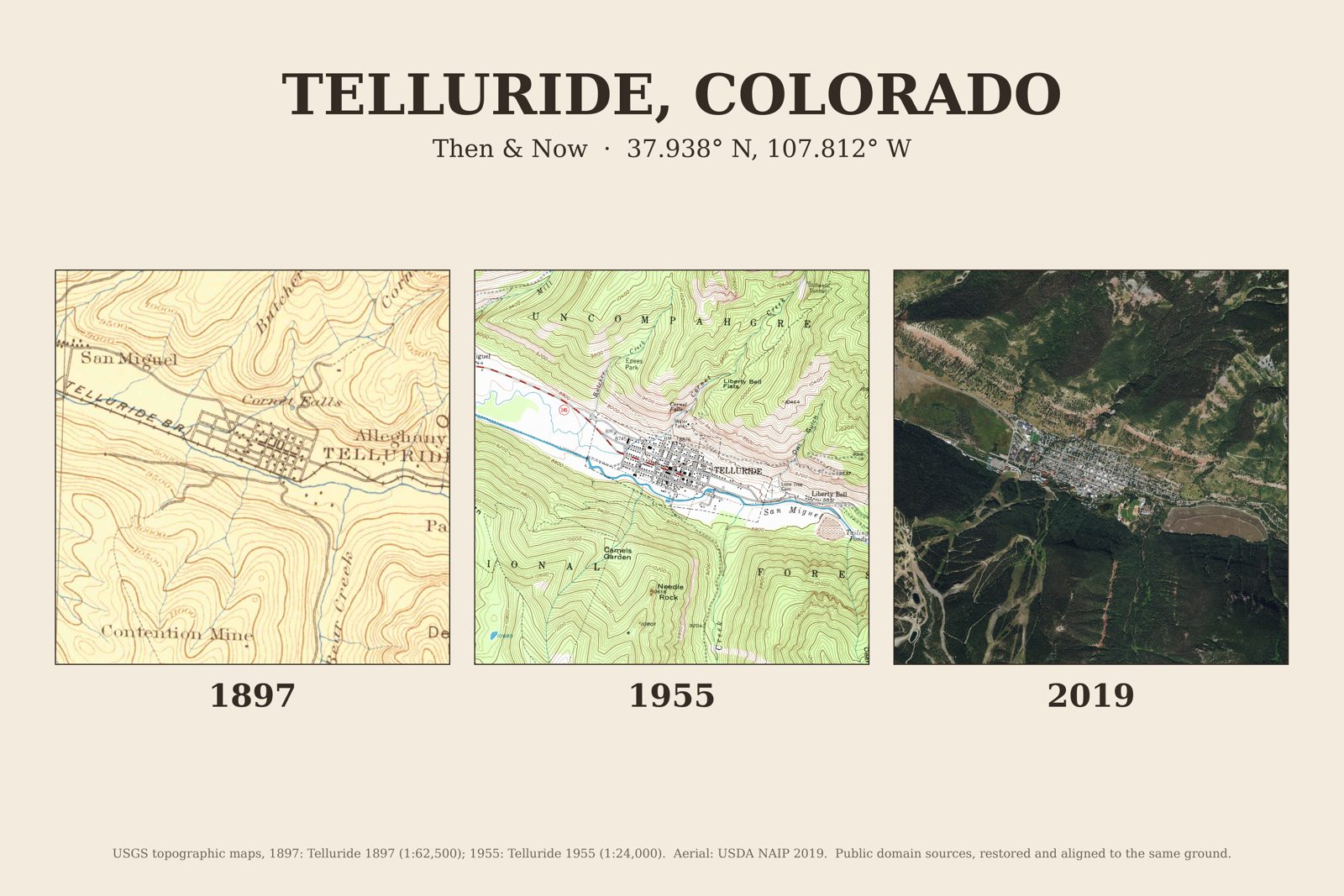 Telluride, Colorado: 1897 USGS map, 1955 USGS map and 2019 aerial photo side by side